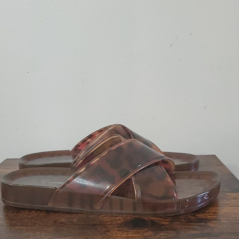 Womens J. Crew Jelly Rubber Criss Cross Slide Sandals Size 6 Leopard Tort